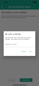 Family Dinner Picker app join a family screen