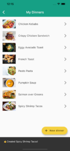 Family Dinner Picker app dinners list screen